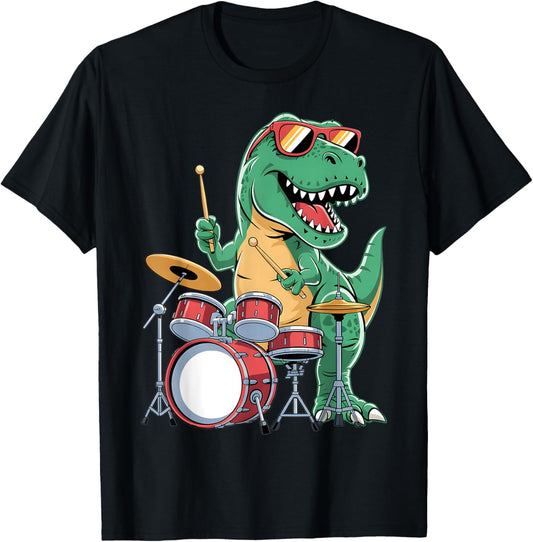 Dinosaur Drummer Boys T Rex Dinosaur Playing Drumset Drums T-Shirt