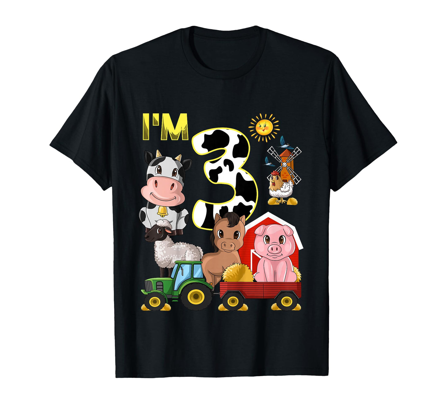 Farm Animals Tractor 3rd Birthday 3 Year Old Birthday Party T-Shirt