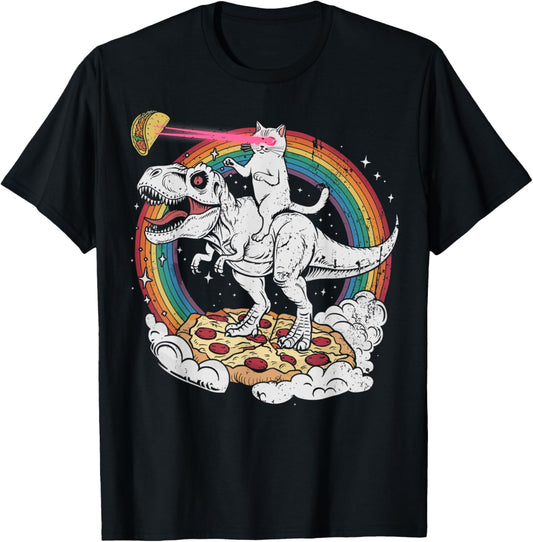 Cat Riding Dinosaur T-Rex & Rainbow Taco Pizza Lover Space Men Women Girls Kids T-Shirt