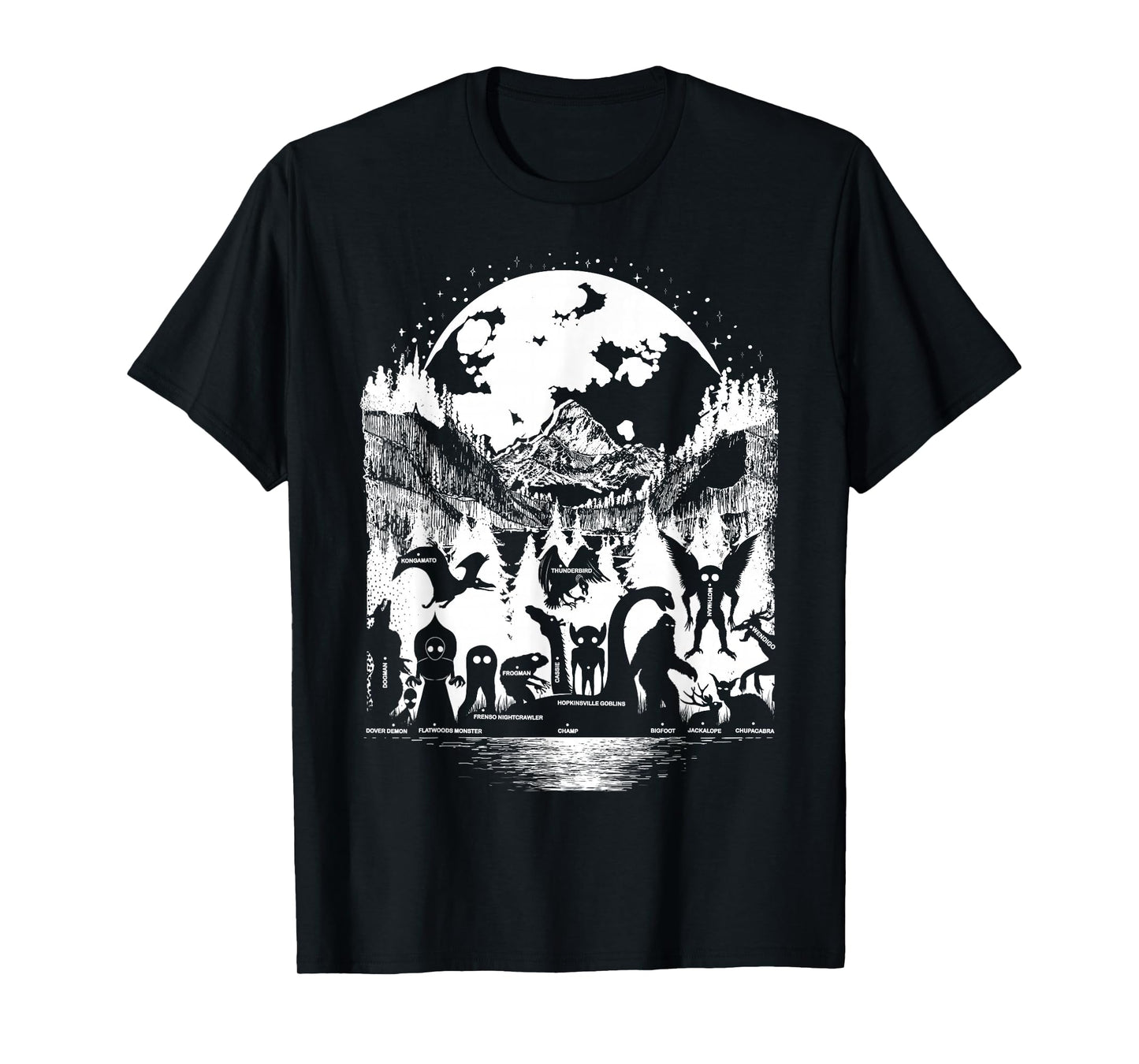 Cryptid Monsters Bigfoot Mothman Dogman Moon Cryptozoology T-Shirt