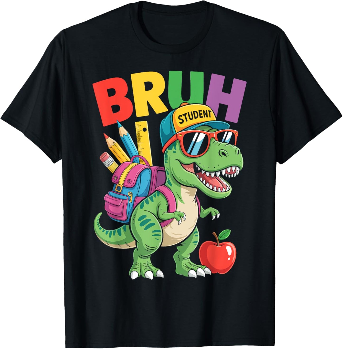 Bruh Funny Student Dinosaur T-rex Back to School Kids Teens T-Shirt