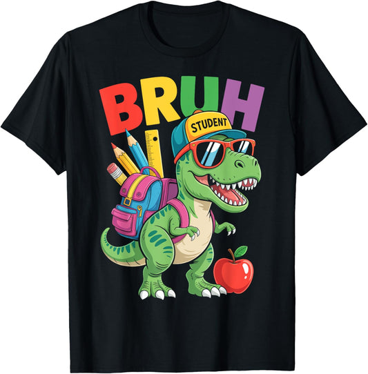Bruh Funny Student Dinosaur T-rex Back to School Kids Teens T-Shirt