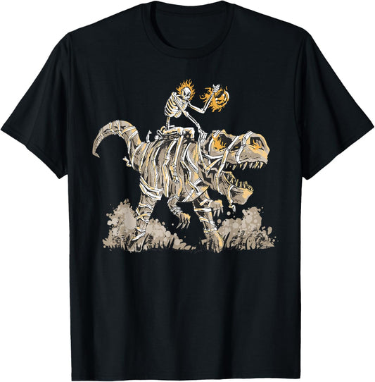 Skeleton Riding Mummy Dinosaur T Rex Pumpkin Funny Halloween T-Shirt