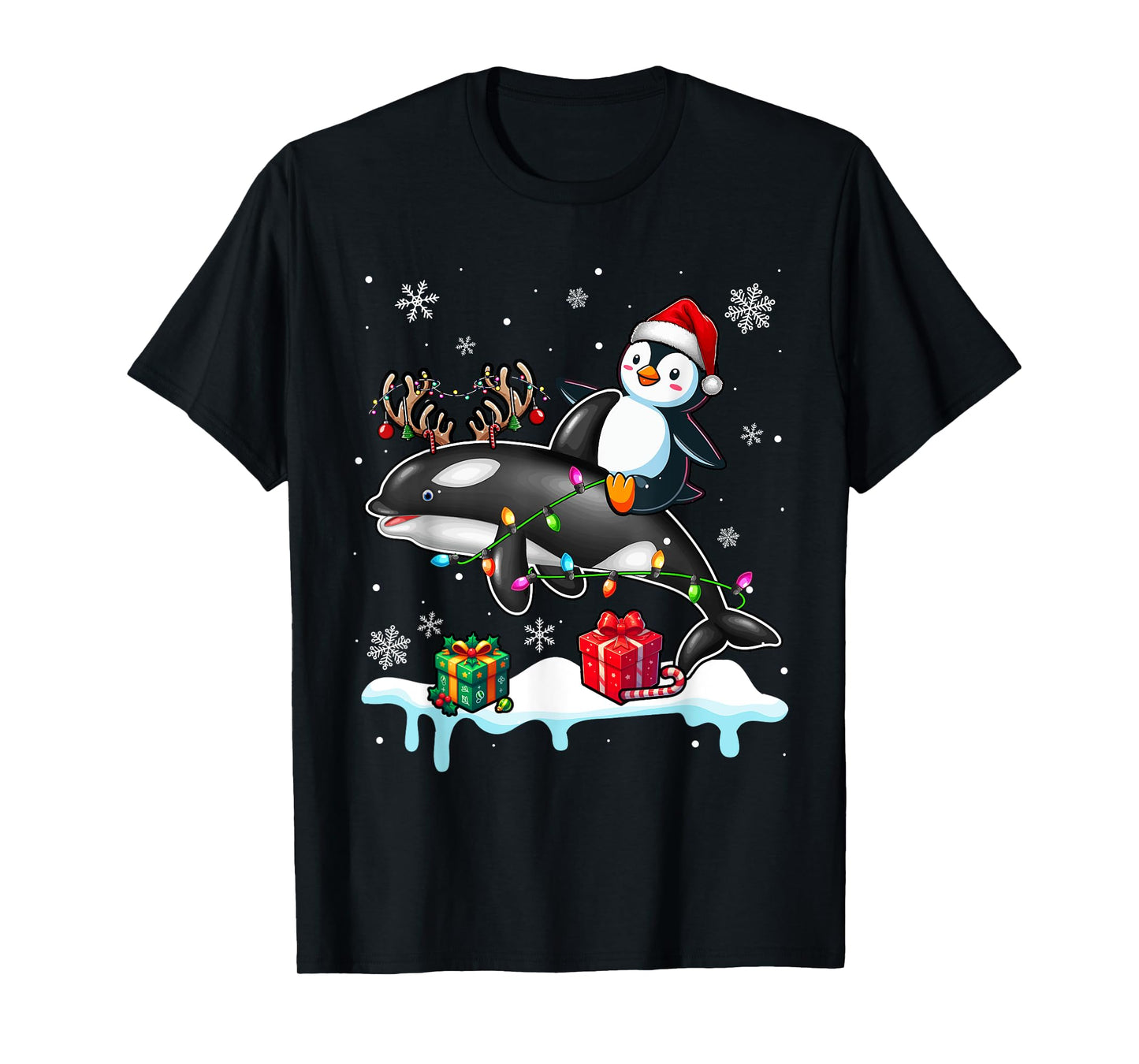 Christmas Santa Penguin Riding Reindeer Orca Lover Kids T-Shirt