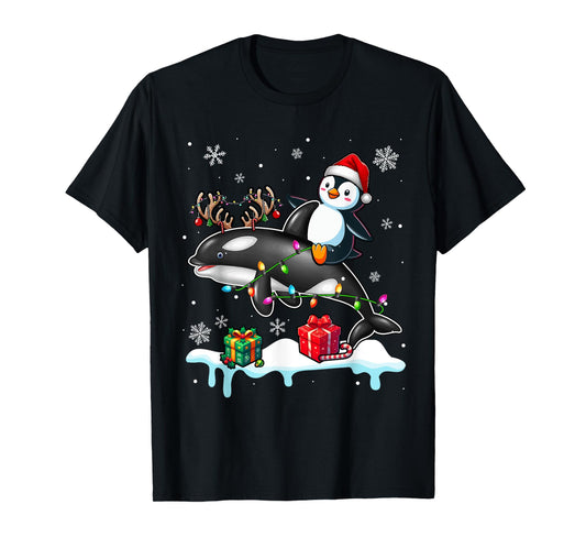 Christmas Santa Penguin Riding Reindeer Orca Lover Kids T-Shirt