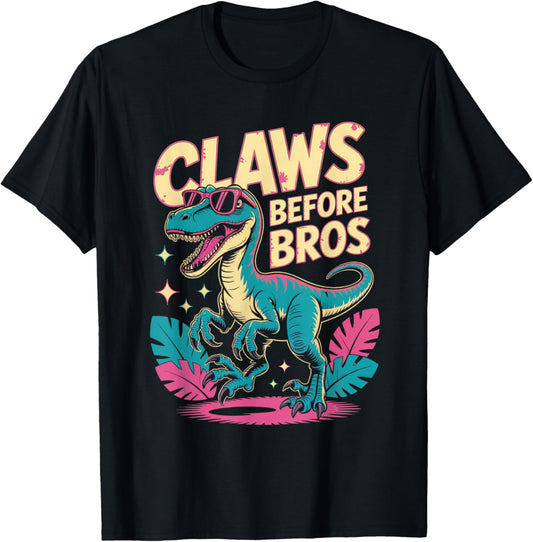 Claws Before Bros Funny Velociraptor Dinosaur Retro Style T-Shirt