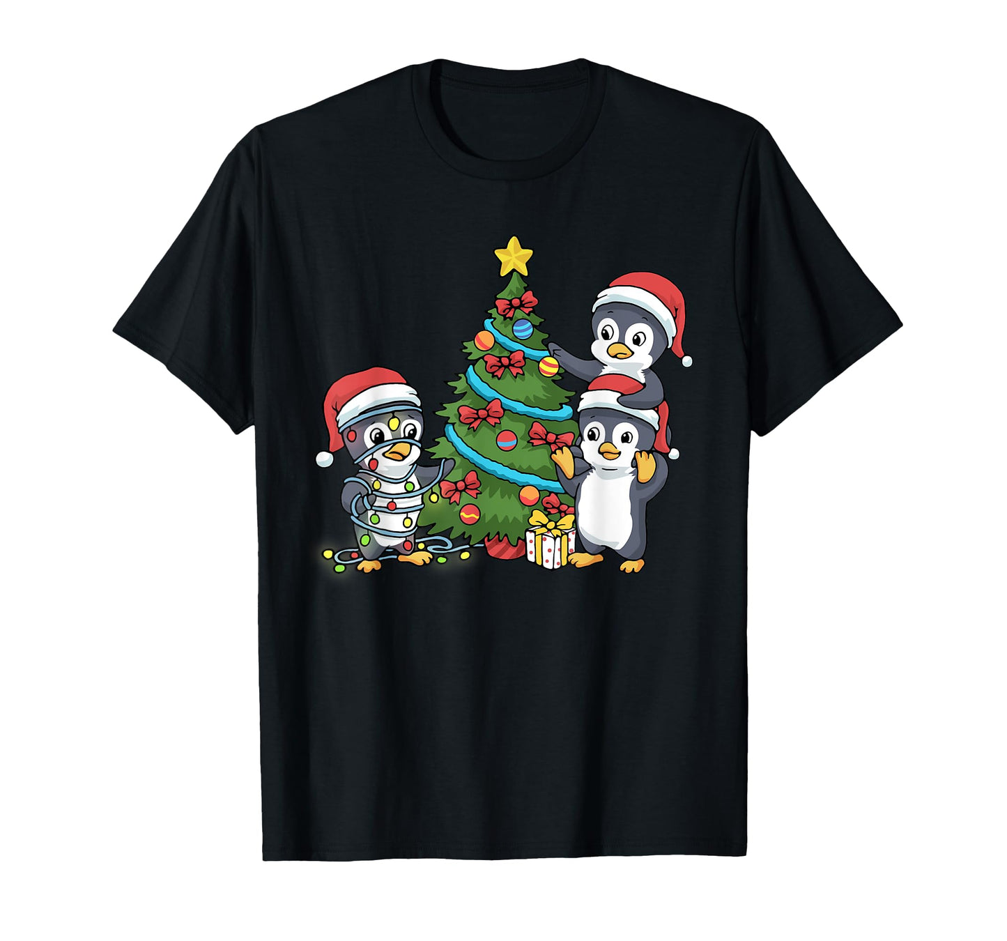 Kids Christmas Penguin Tshirt Christmas Tree Lights Baubles T-Shirt