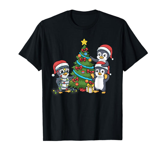 Kids Christmas Penguin Tshirt Christmas Tree Lights Baubles T-Shirt