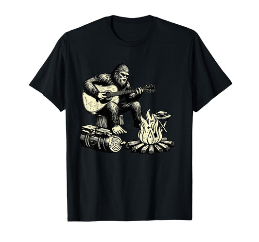 Camping Bigfoot Smore Rock Bigfoot Playing Guitar Campfire T-Shirt