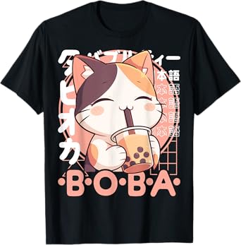 Cat Boba Tea Kawaii Bubble Tea Cat Anime Neko Calico Cat T-Shirt