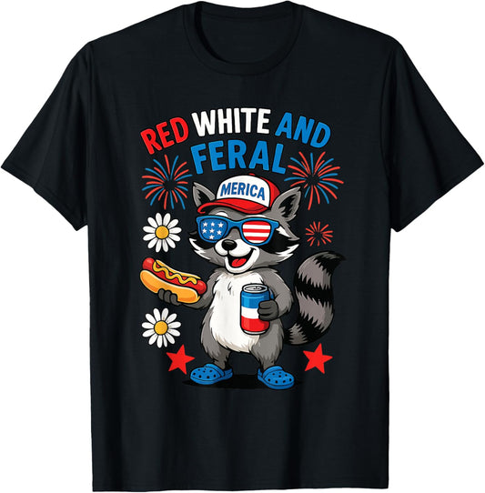 Red White and Feral Funny Raccoon 4th of July Boys Girls T-Shirt