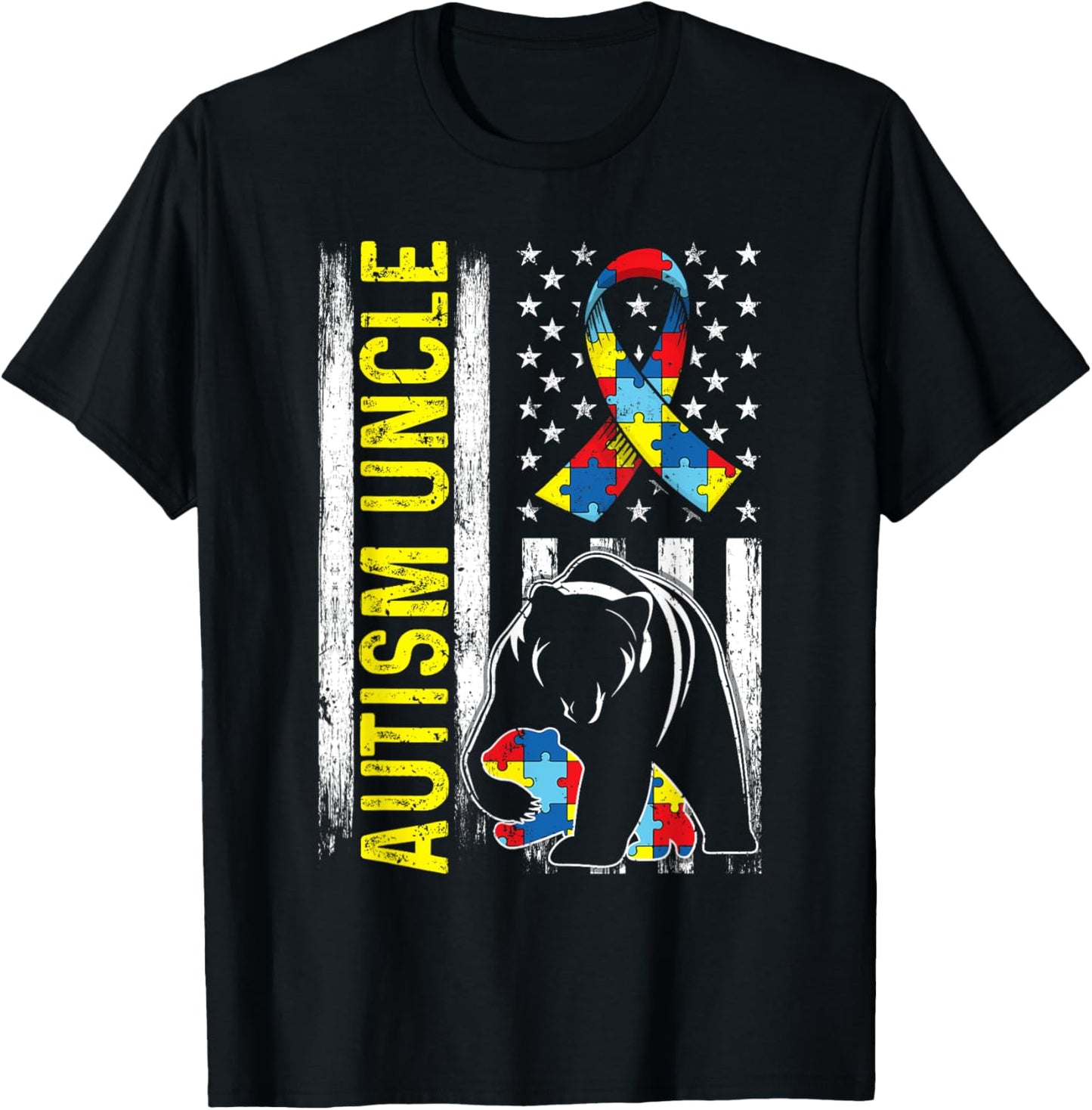 Distressed American Flag Autism Uncle Bear Awareness T-Shirt