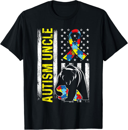 Distressed American Flag Autism Uncle Bear Awareness T-Shirt