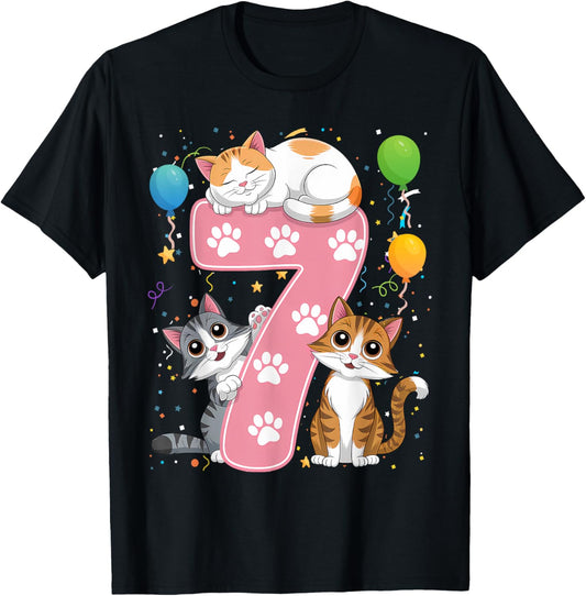 Kids 7th Birthday Girl Cats Outfit 7 Years Old T-Shirt