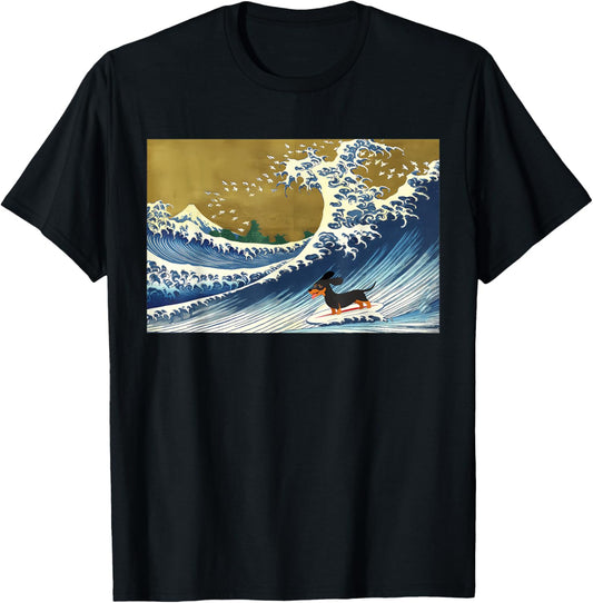 Vintage Black Dachshund Weiner Dog Surfing Wave Japanese Dog T-shirt for Men Women