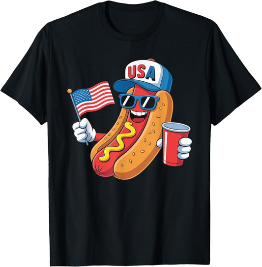 4th of July Hotdog Funny Fourth of July Patriotic USA Flag T-Shirt