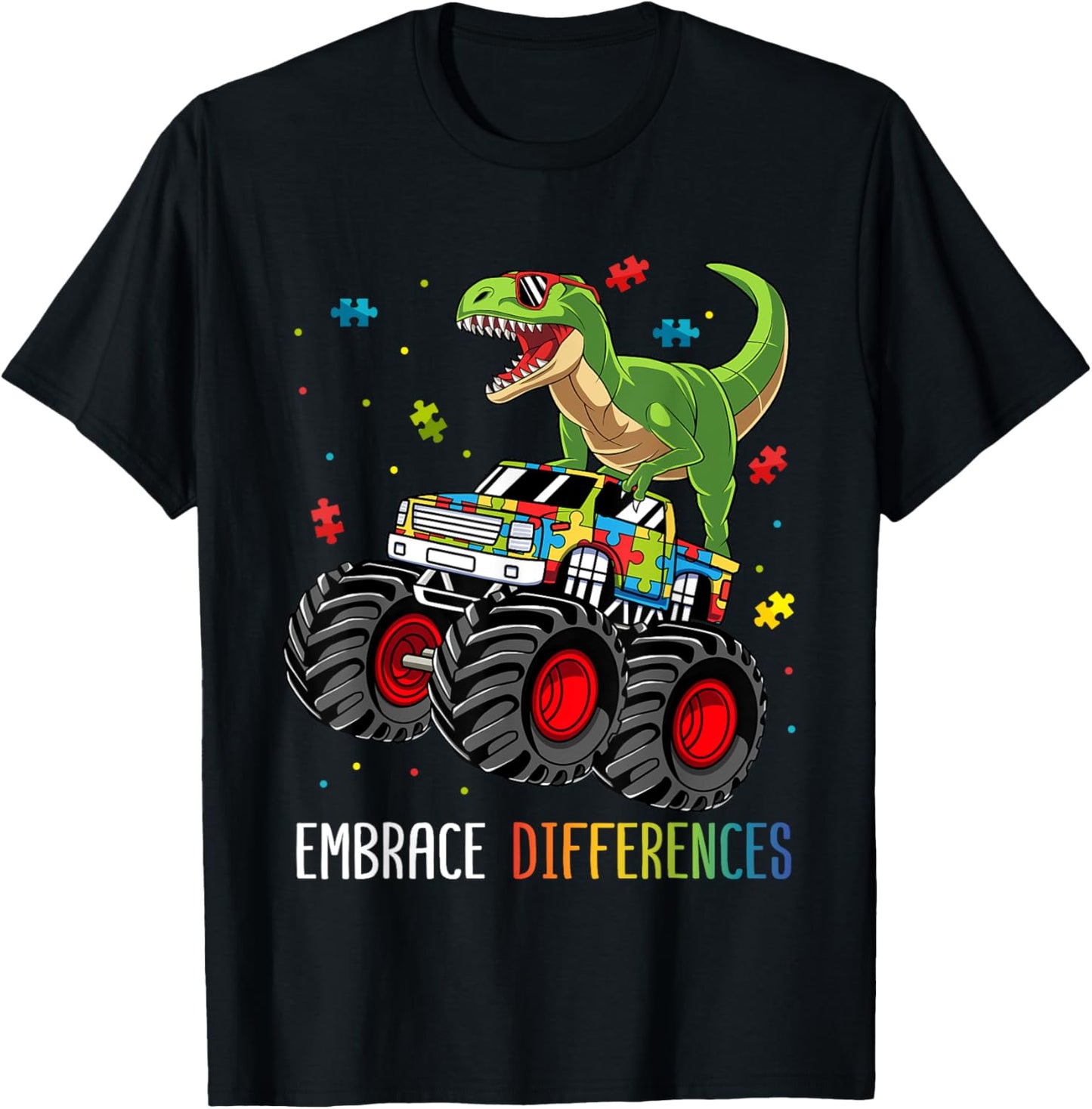 Autism Awareness T-Rex Monster Truck Embrace Differences T-Shirt