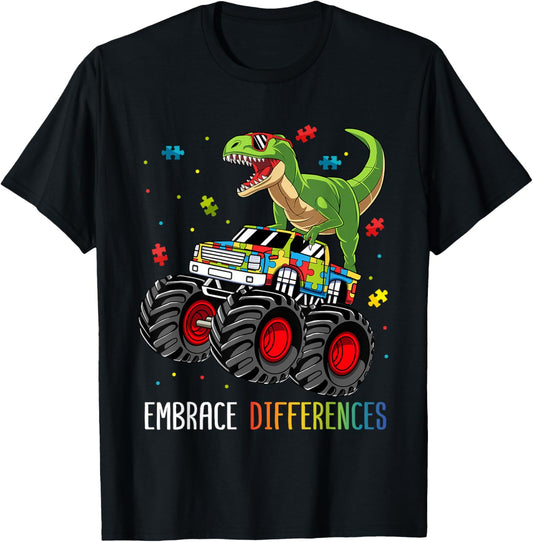 Autism Awareness T-Rex Monster Truck Embrace Differences T-Shirt
