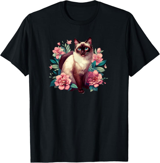 Cute Funny Flowers Floral Retro Vintage Balinese Cat Lover T-Shirt