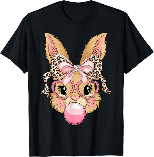 Cute Bunny Rabbit Face Leopard Glasses Girl Happy Easter Day T-Shirt