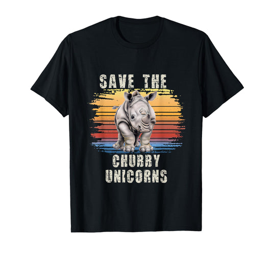 Save The Chubby Unicorns Retro Sunset Rhino Funny T-Shirt