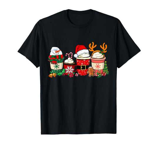 Cute Christmas Coffee Shirt Snowman Deer Santa Coffee Xmas T-Shirt