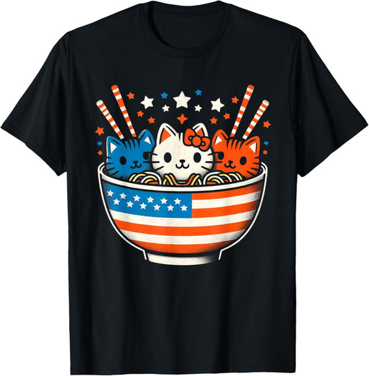 4th of July Cats Ramen Kitten Anime Men Women Kids T-Shirt