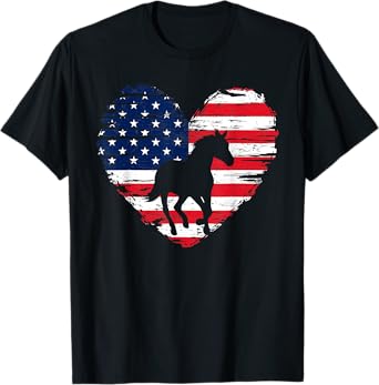 Horse US American Flag Heart 4th Of July USA Patriotic Pride T-Shirt