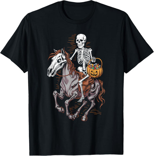 Skeleton Riding Mummy Horse Halloween Candy Fun T-Shirt