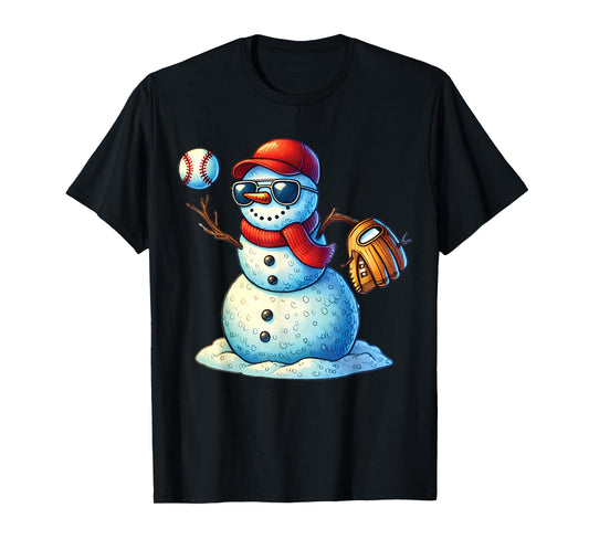 Snowman Playing Baseball as Pitcher Boys Teens Christmas T-Shirt