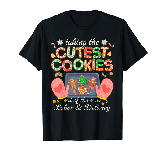 L&D Xmas Taking The Cutest Cookies Out Of The Oven Unisex Winter Black Small Cartoon Holiday Festive T-Shirt