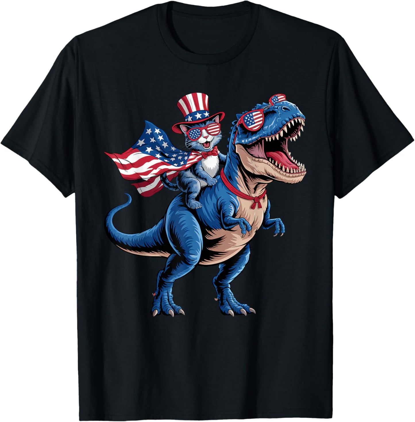 4th of July Toddler Kids Cat Riding Dinosaur American Flag T-Shirt