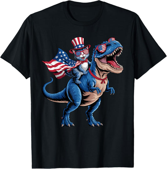 4th of July Toddler Kids Cat Riding Dinosaur American Flag T-Shirt