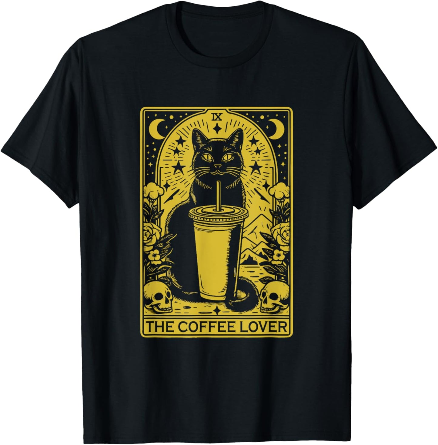 The Coffee Lover Cat Vintage Gothic Tarot Card T-Shirt