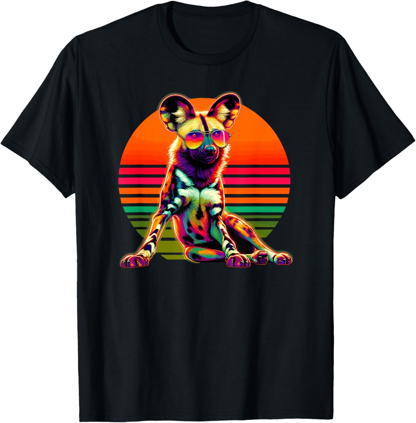 Retro Sunset Sunglasses African Wild Dog Painted Dog T-Shirt