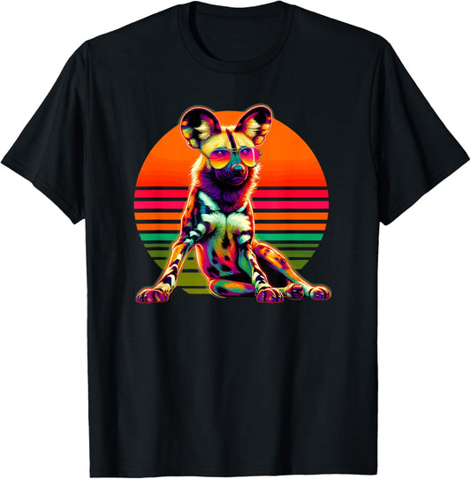 Retro Sunset Sunglasses African Wild Dog Painted Dog T-Shirt