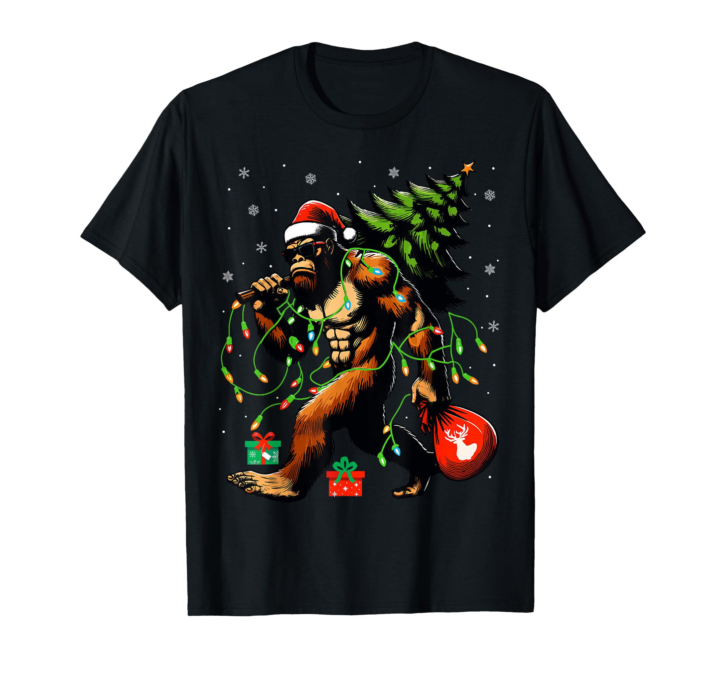Santa Bigfoot Christmas Tree Xmas Lights Funny Sasquatch T-Shirt