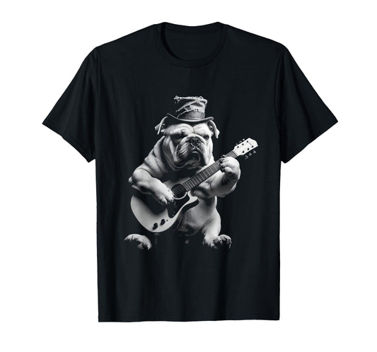 Funny Rock Star Bulldog Playing Guitar T-Shirt