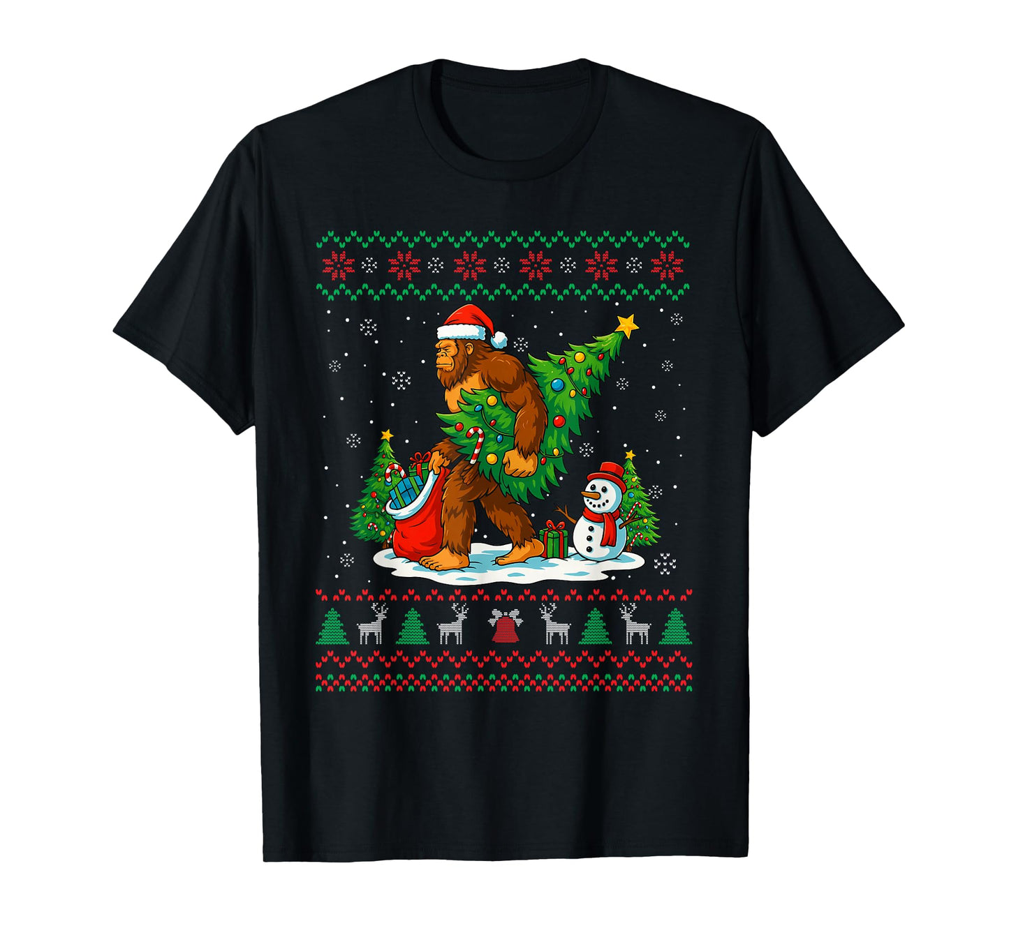 Bigfoot Santa Ugly Christmas Tree Funny Xmas Lights Men Kids T-Shirt