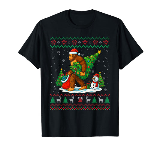 Bigfoot Santa Ugly Christmas Tree Funny Xmas Lights Men Kids T-Shirt