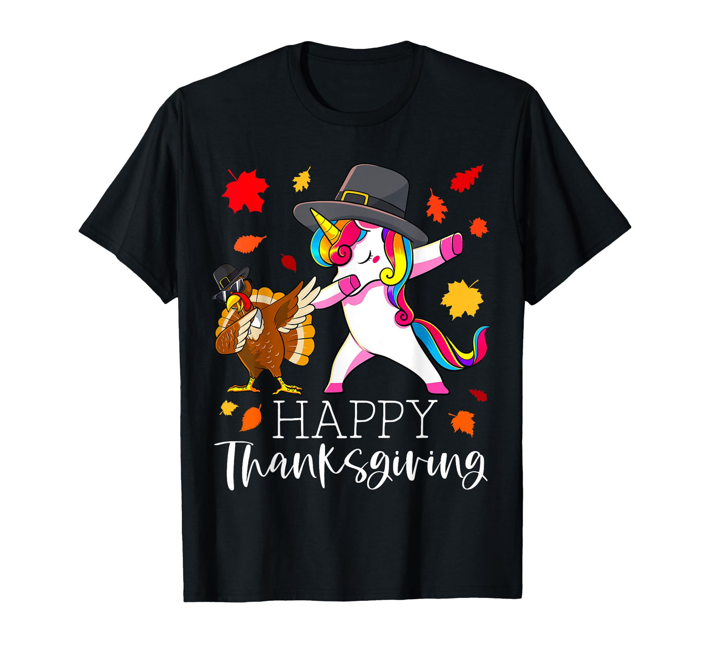 Thanksgiving Unicorn Girls Cute Dabbing Turkey Pilgrim Girl T-Shirt
