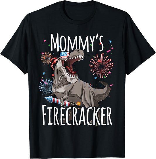 4th of July Shirt Boys Girls Kids T rex Mommy's Firecracker T-Shirt