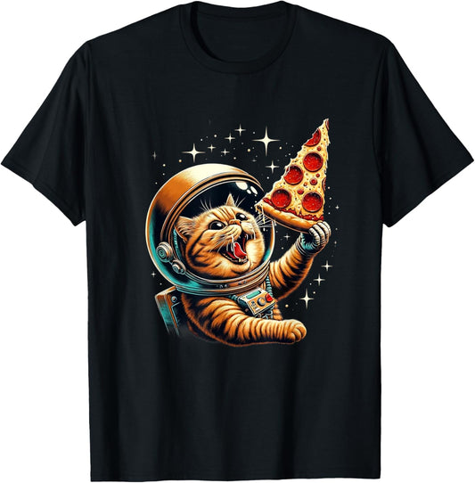 Funny Cat eating Pizza in space kitty Galaxy T-Shirt