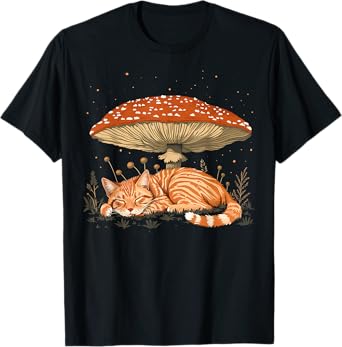 Cute Orange Cat Tabby Cat Cottagecore Aesthetic Mushroom T-Shirt