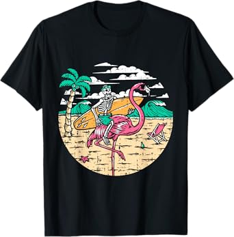 Skeleton Surfer Riding Flamingo Halloween Costume Surfing T-Shirt