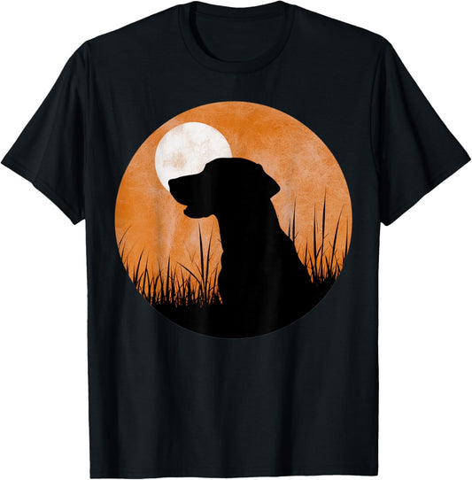 A silhouette of a hunting black or yellow lab on orange sky T-Shirt