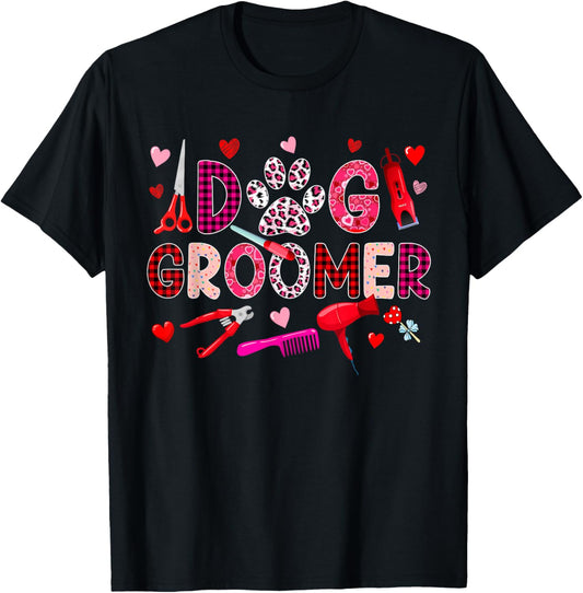 Dog Groomer Tools Valentine's Day Leopard Cute Hearts T-Shirt