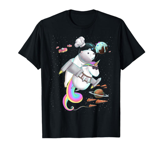Polar Bear Riding Unicorn Food Pizza Space Party Planet T-Shirt