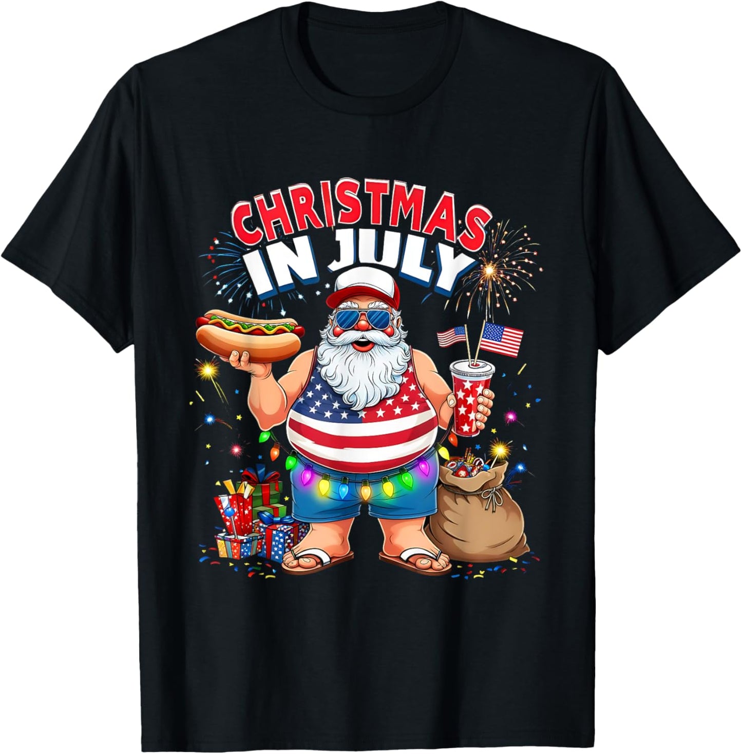 Christmas in July Funny Santa Hot Dog Usa Tee T-shirt