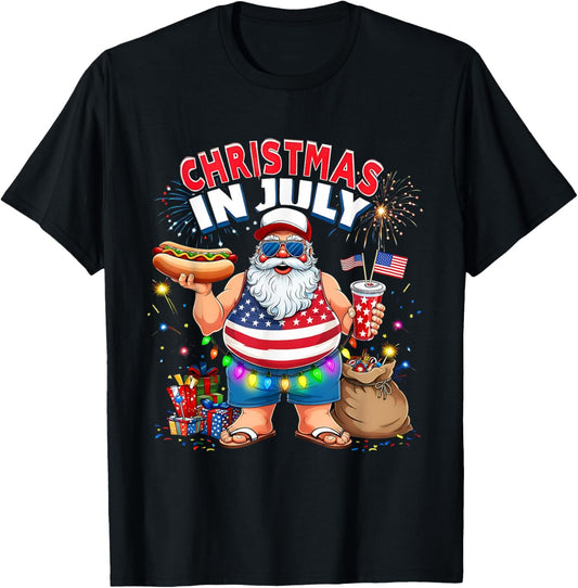 Christmas in July Funny Santa Hot Dog Usa Tee T-shirt